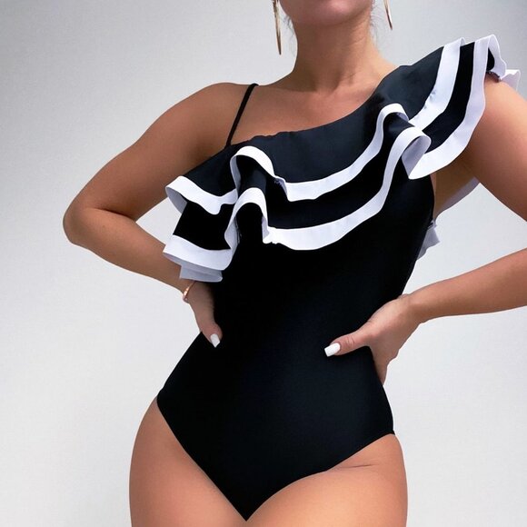 Black Elegant Women's Beach Tiered Layer One Piece Swimsuit - Picture 1 of 7